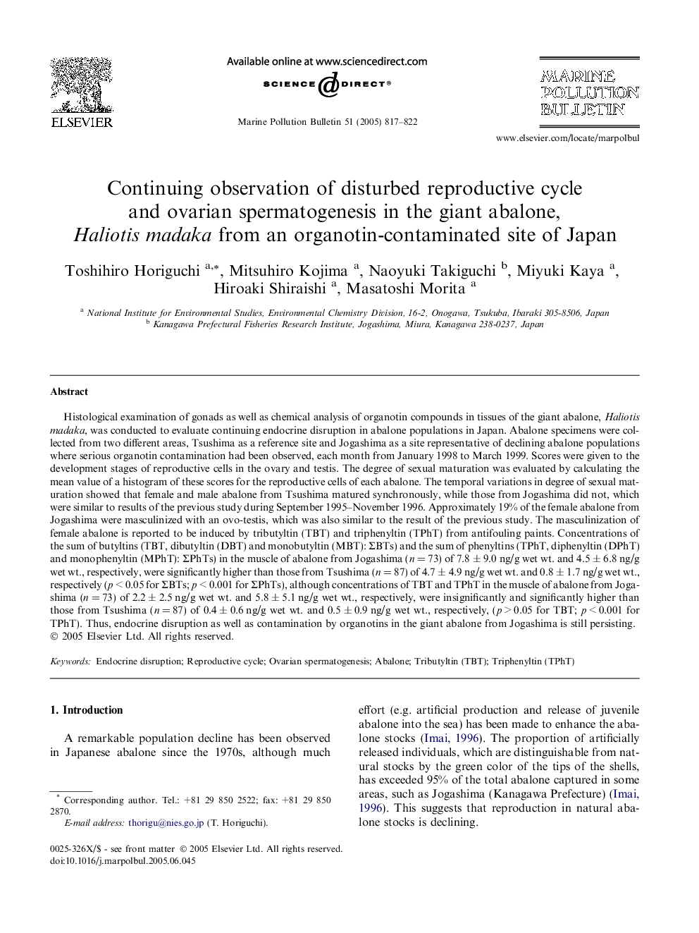 Continuing observation of disturbed reproductive cycle and ovarian spermatogenesis in the giant abalone, Haliotis madaka from an organotin-contaminated site of Japan