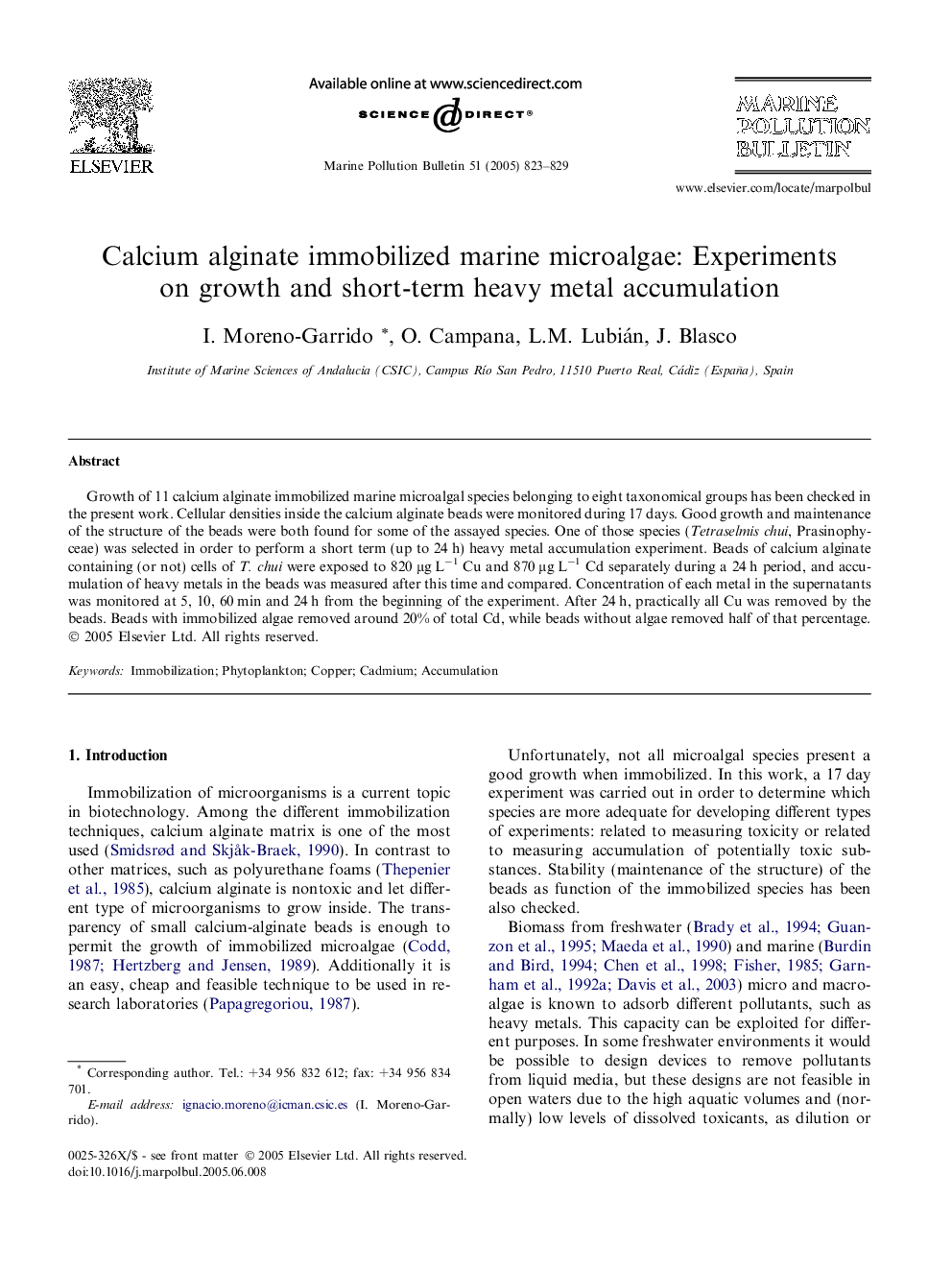 Calcium alginate immobilized marine microalgae: Experiments on growth and short-term heavy metal accumulation