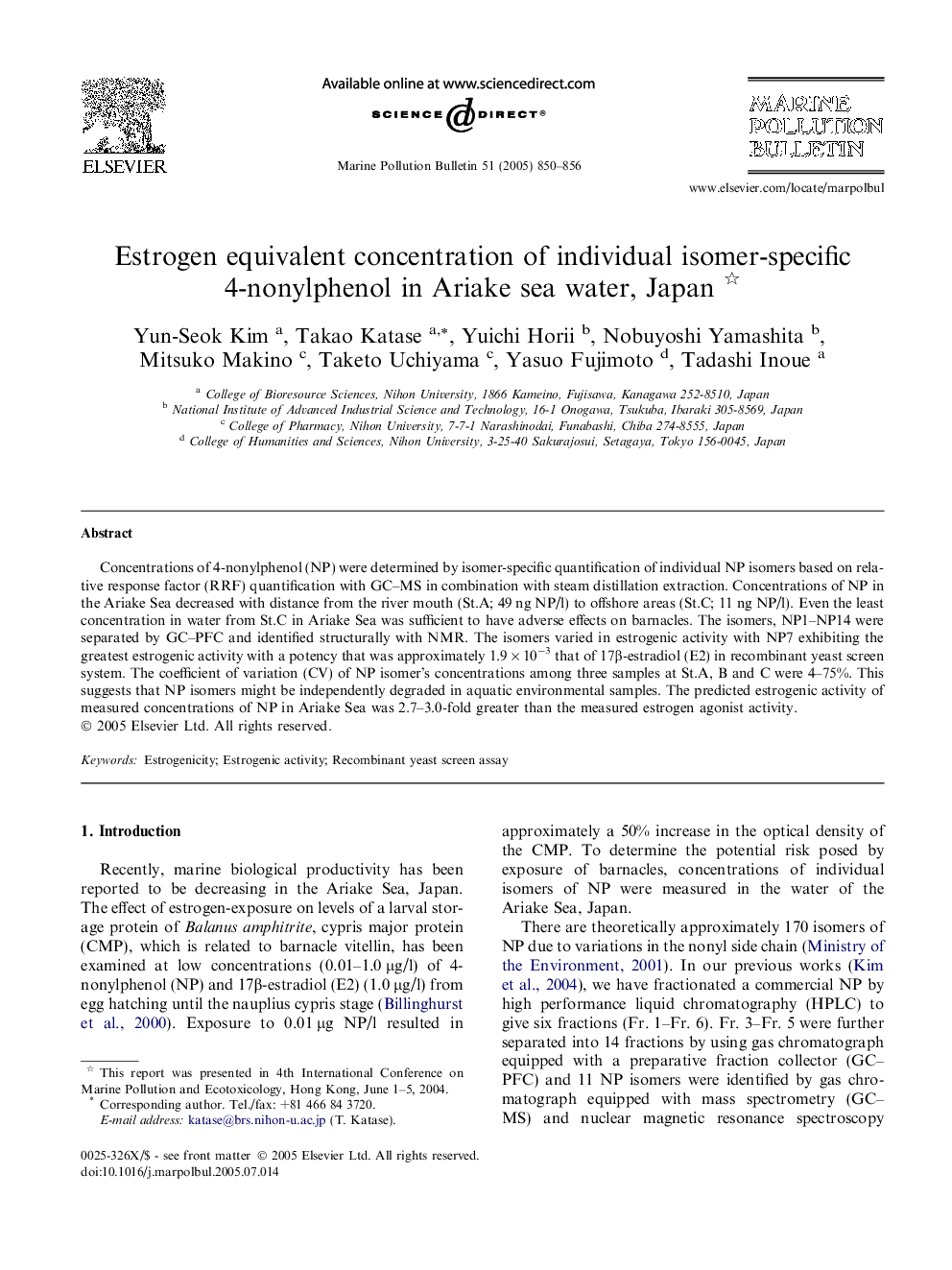 Estrogen equivalent concentration of individual isomer-specific 4-nonylphenol in Ariake sea water, Japan