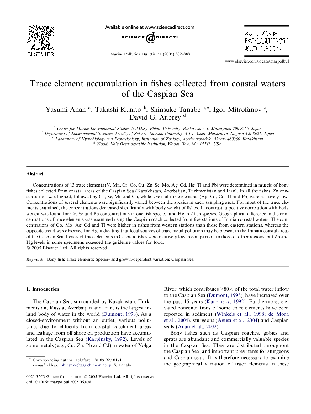 Trace element accumulation in fishes collected from coastal waters of the Caspian Sea