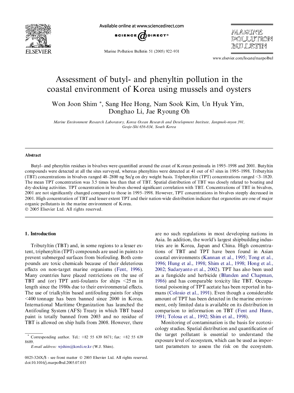 Assessment of butyl- and phenyltin pollution in the coastal environment of Korea using mussels and oysters