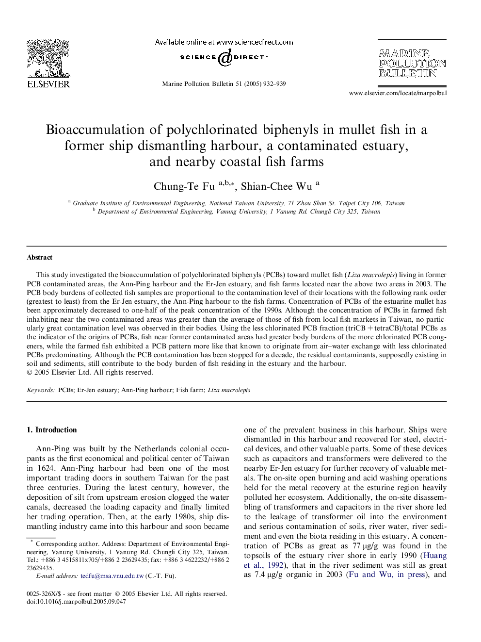 Bioaccumulation of polychlorinated biphenyls in mullet fish in a former ship dismantling harbour, a contaminated estuary, and nearby coastal fish farms