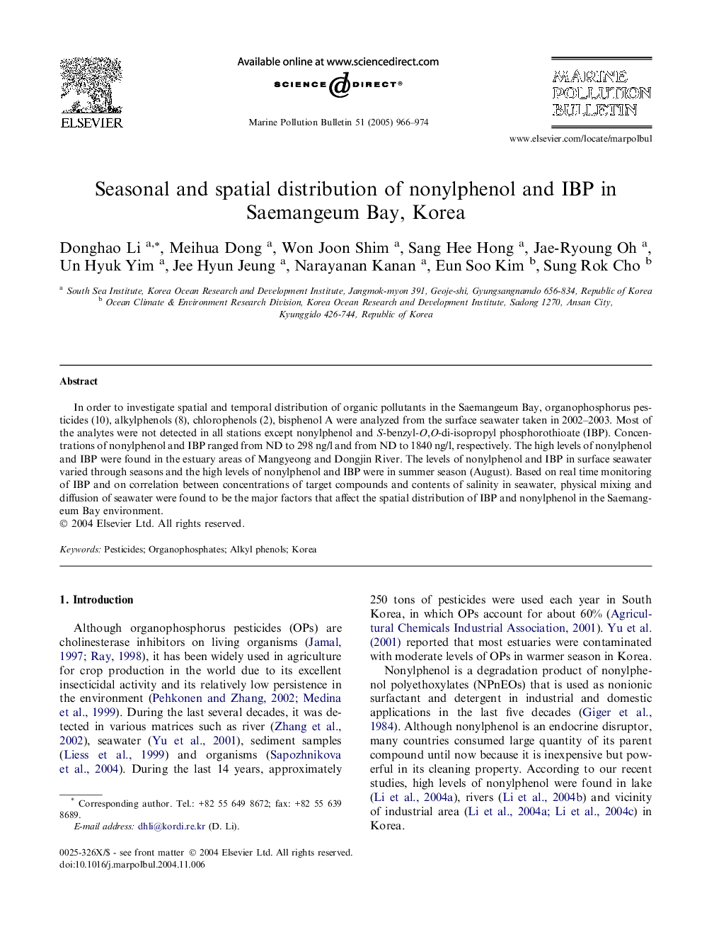 Seasonal and spatial distribution of nonylphenol and IBP in Saemangeum Bay, Korea