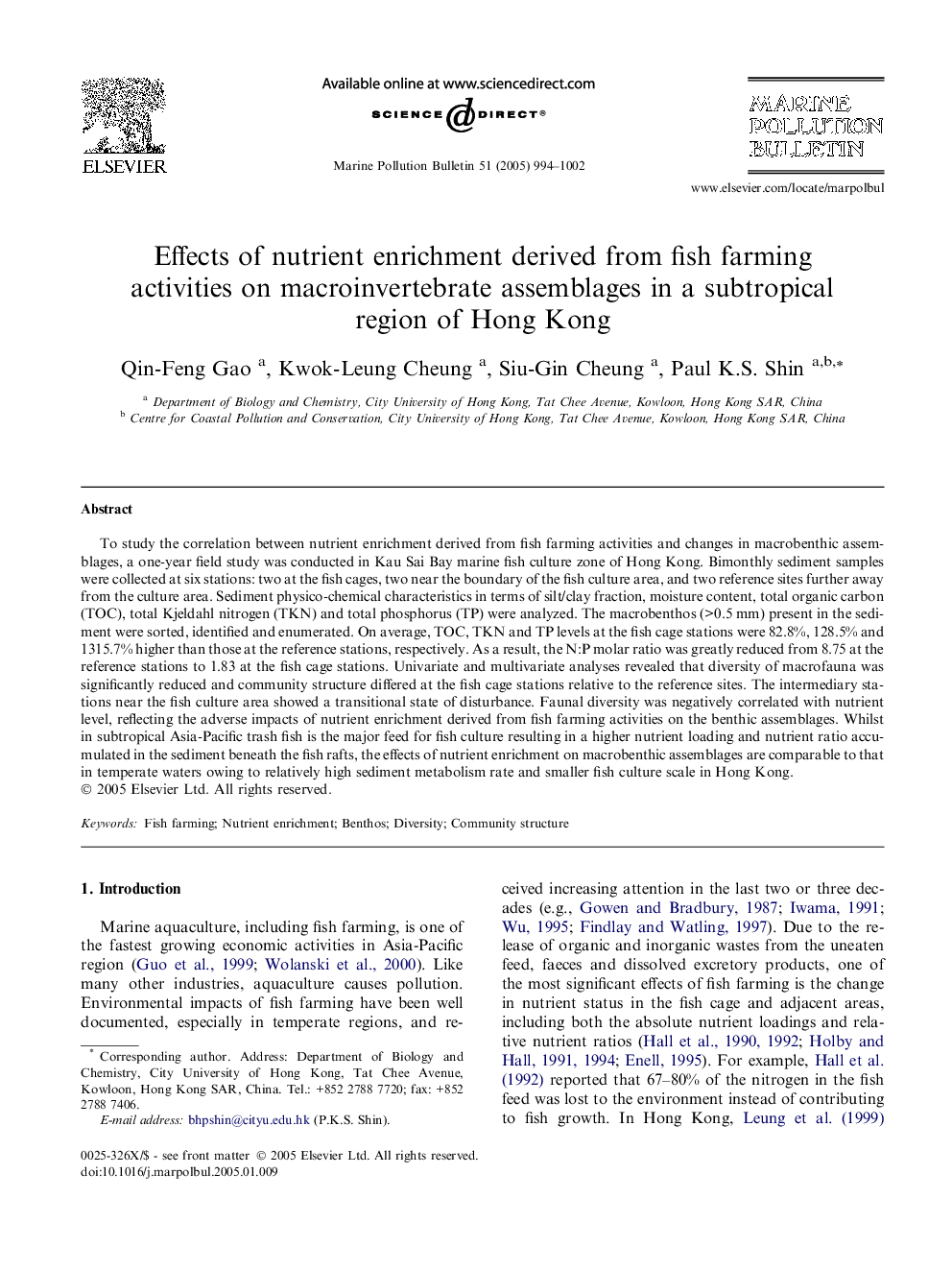 Effects of nutrient enrichment derived from fish farming activities on macroinvertebrate assemblages in a subtropical region of Hong Kong