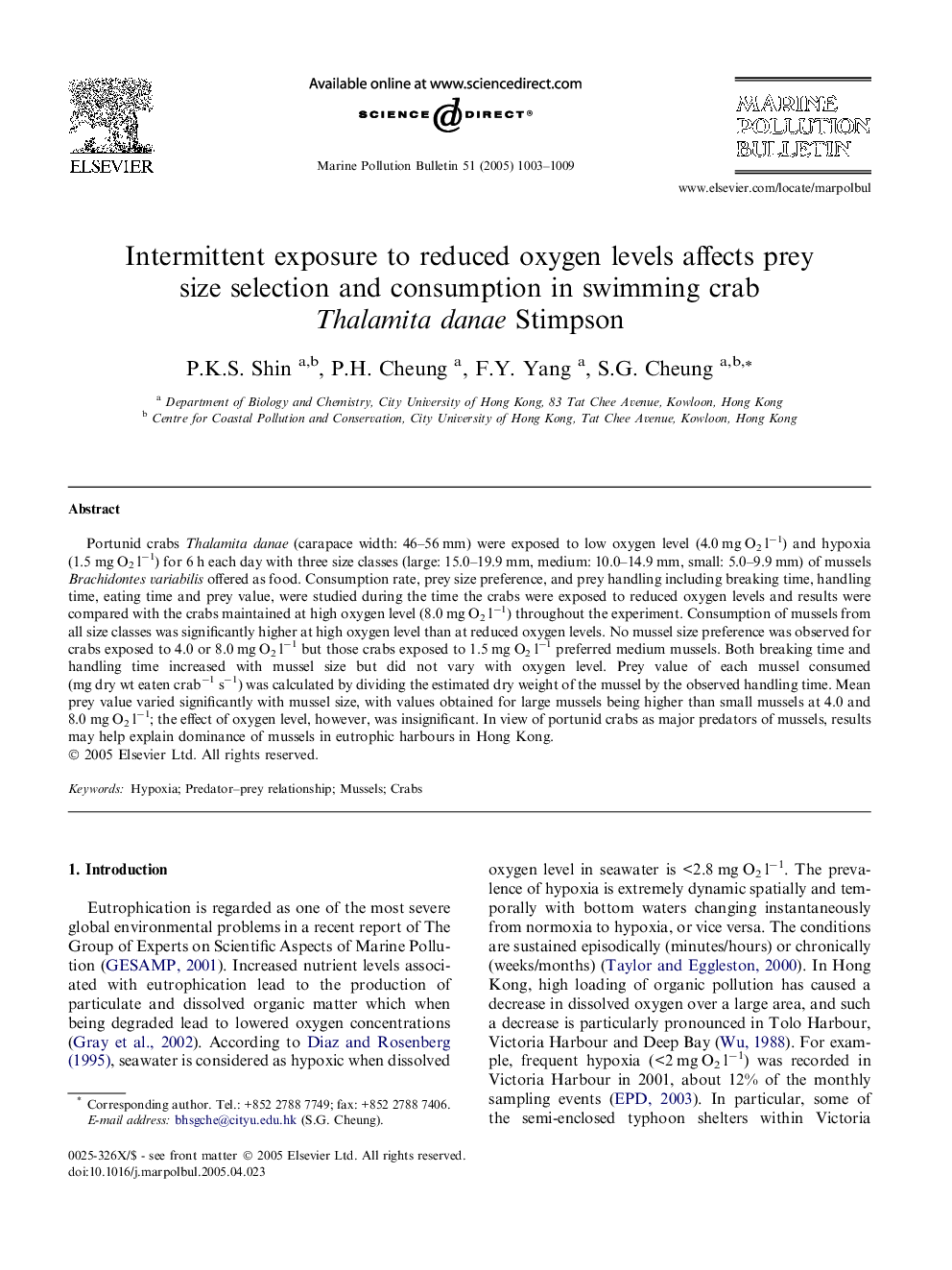 Intermittent exposure to reduced oxygen levels affects prey size selection and consumption in swimming crab Thalamita danae Stimpson