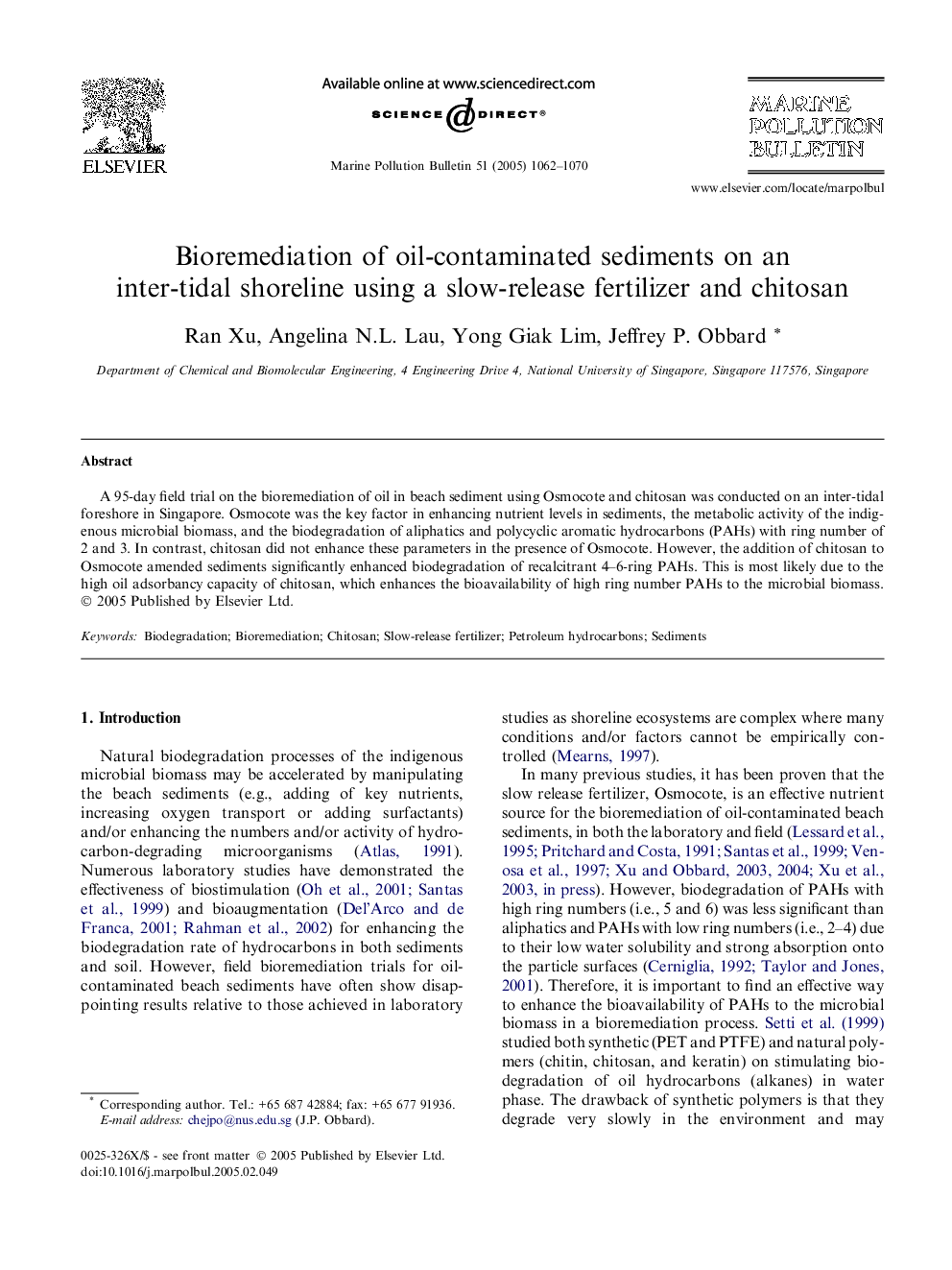 Bioremediation of oil-contaminated sediments on an inter-tidal shoreline using a slow-release fertilizer and chitosan