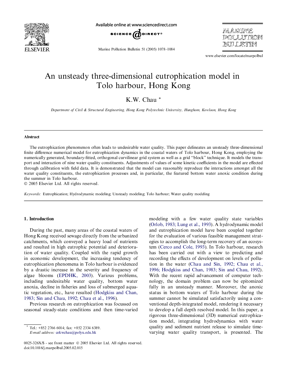 An unsteady three-dimensional eutrophication model in Tolo harbour, Hong Kong