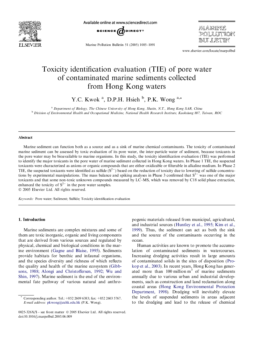 Toxicity identification evaluation (TIE) of pore water of contaminated marine sediments collected from Hong Kong waters