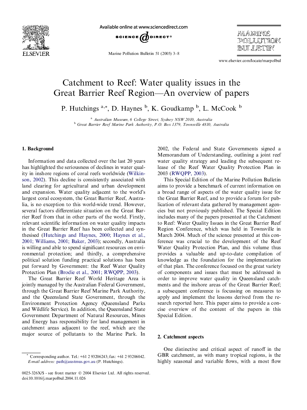 Catchment to Reef: Water quality issues in the Great Barrier Reef Region-An overview of papers