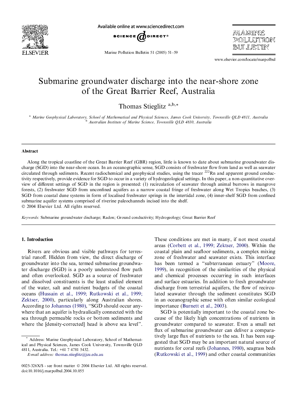 Submarine groundwater discharge into the near-shore zone of the Great Barrier Reef, Australia