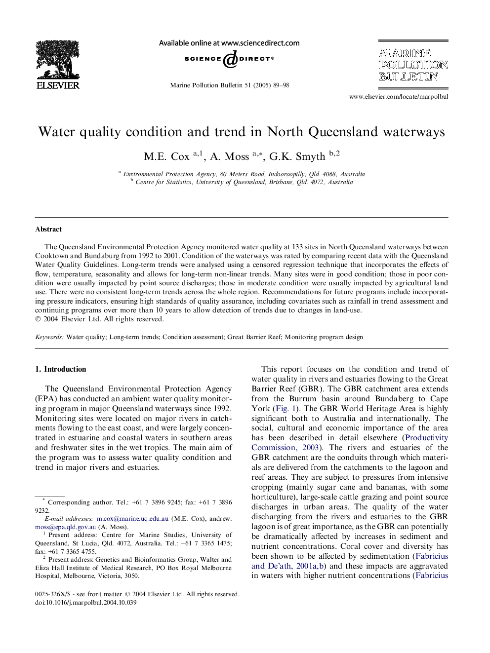 Water quality condition and trend in North Queensland waterways