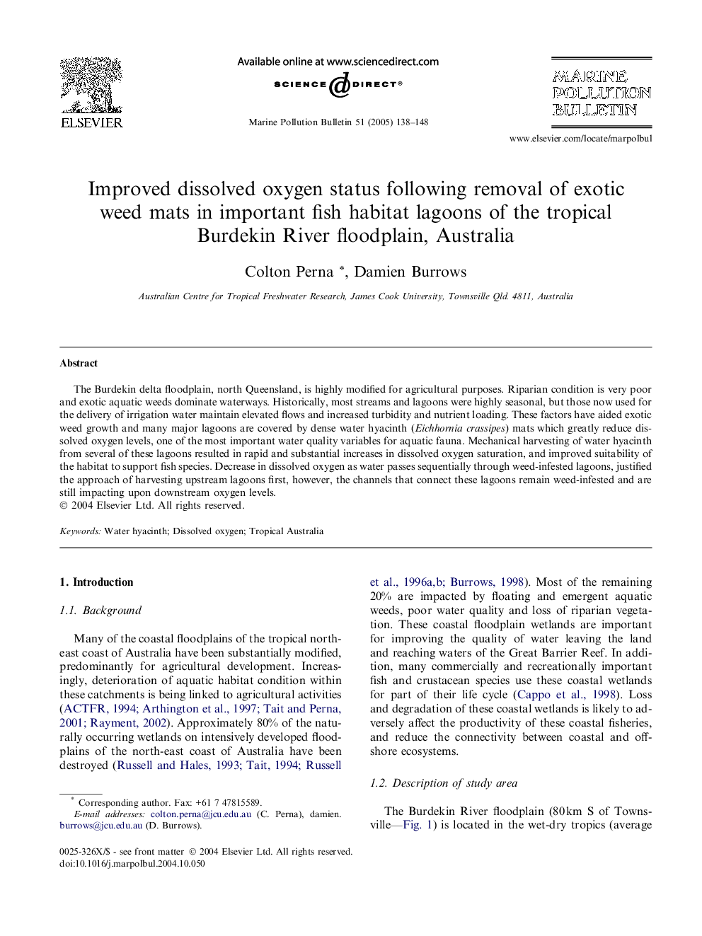 Improved dissolved oxygen status following removal of exotic weed mats in important fish habitat lagoons of the tropical Burdekin River floodplain, Australia