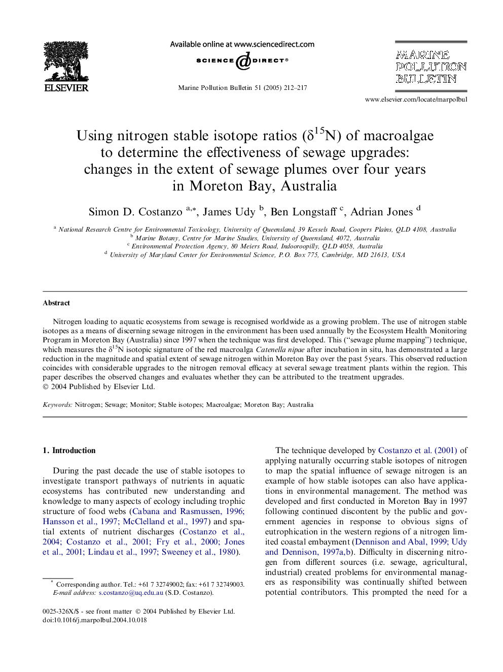 Using nitrogen stable isotope ratios (Î´15N) of macroalgae to determine the effectiveness of sewage upgrades: changes in the extent of sewage plumes over four years in Moreton Bay, Australia