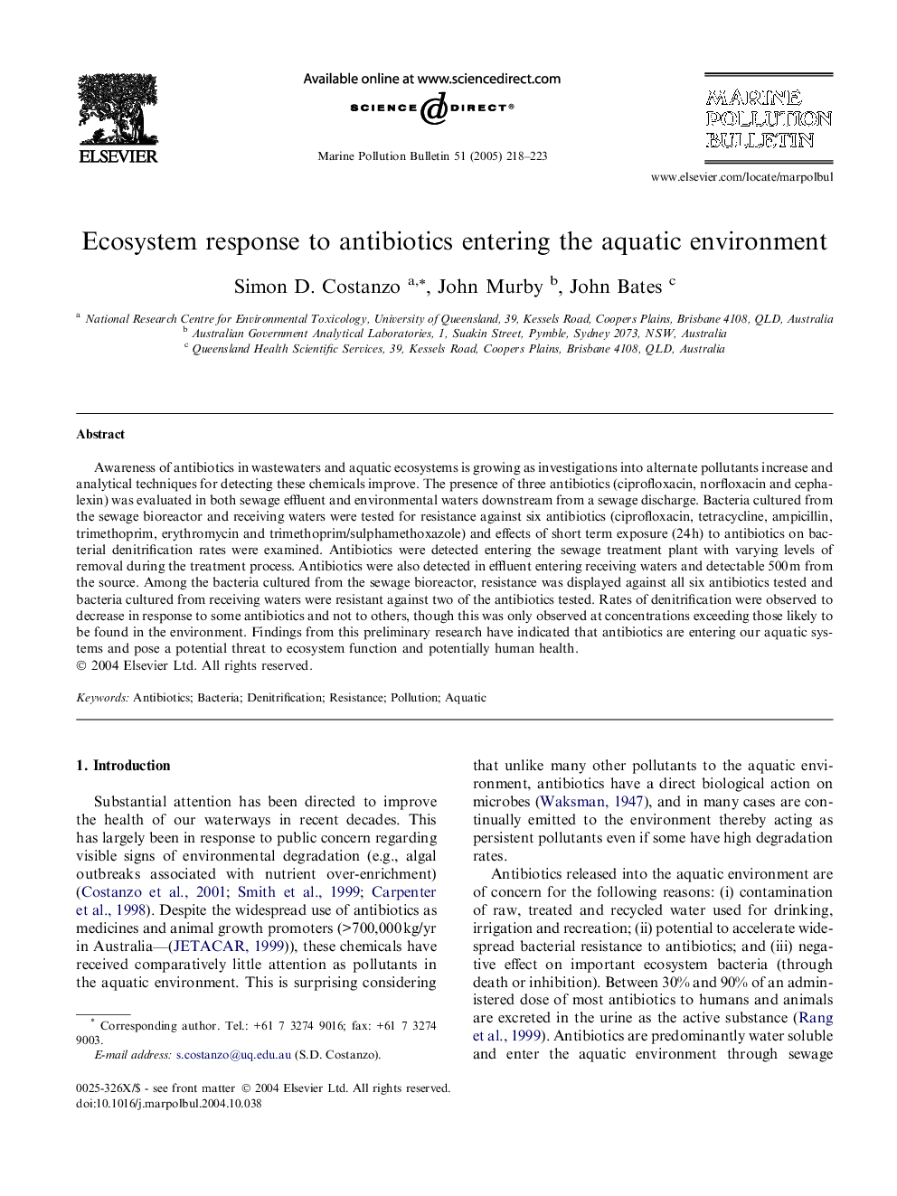 Ecosystem response to antibiotics entering the aquatic environment