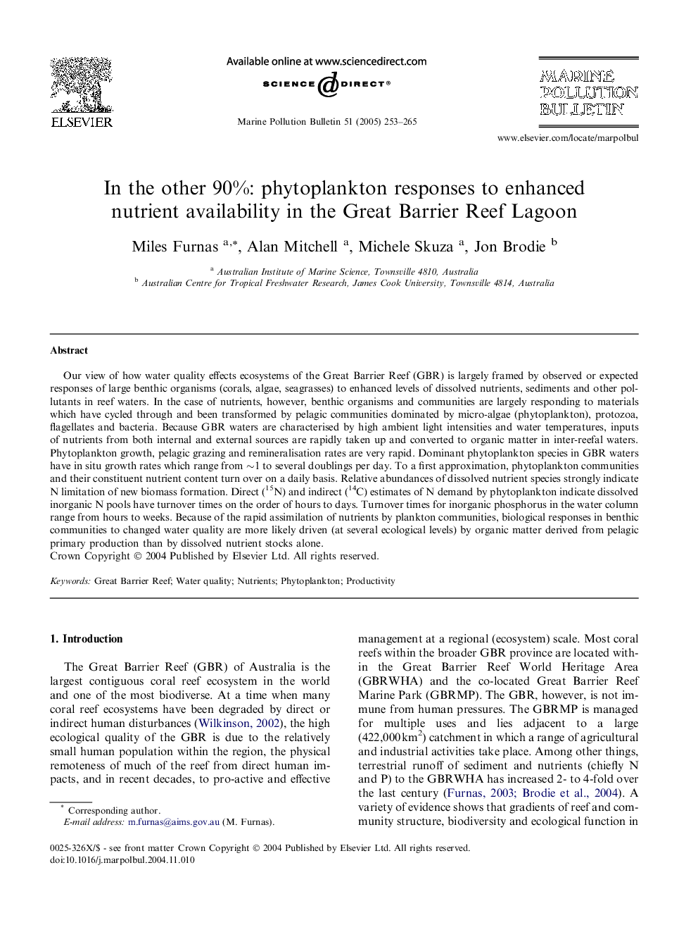 In the other 90%: phytoplankton responses to enhanced nutrient availability in the Great Barrier Reef Lagoon