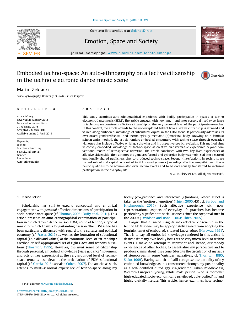 Embodied techno-space: An auto-ethnography on affective citizenship in the techno electronic dance music scene