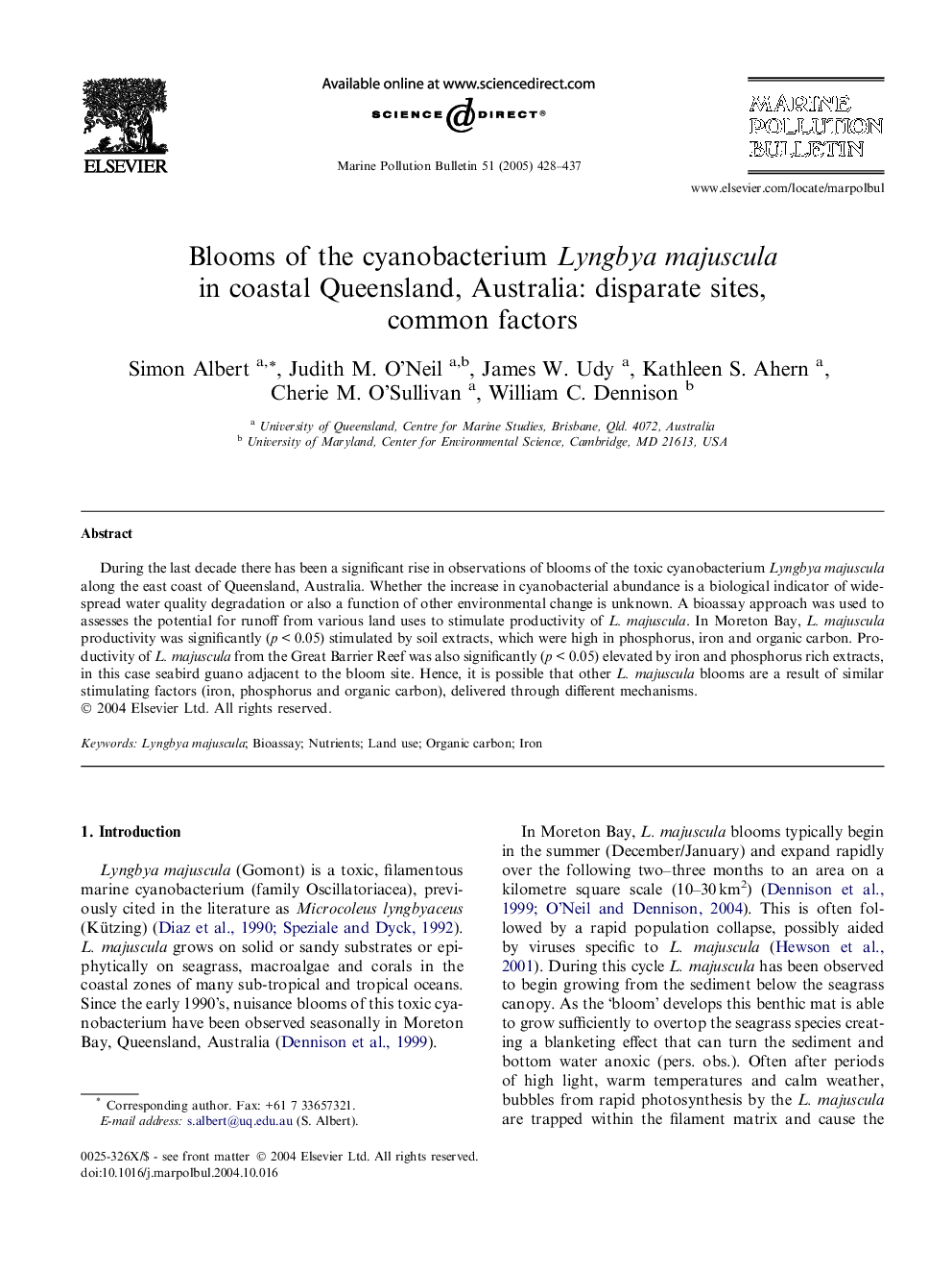 Blooms of the cyanobacterium Lyngbya majuscula in coastal Queensland, Australia: disparate sites, common factors