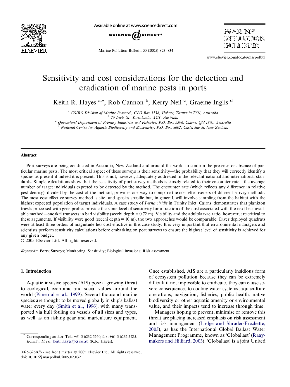 عکس صفحه اول مقاله: Sensitivity and cost considerations for the detection and eradication of marine pests in ports Sensitivity and cost considerations for the detection and eradication of marine pests in ports