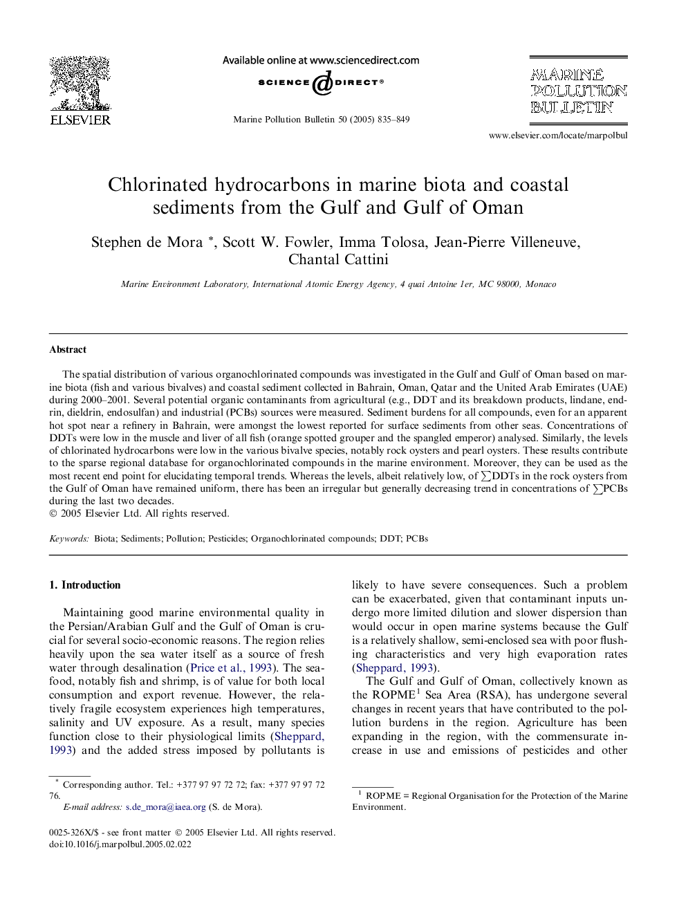 Chlorinated hydrocarbons in marine biota and coastal sediments from the Gulf and Gulf of Oman