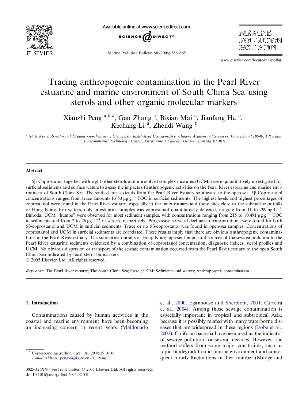 Tracing anthropogenic contamination in the Pearl River estuarine and marine environment of South China Sea using sterols and other organic molecular markers