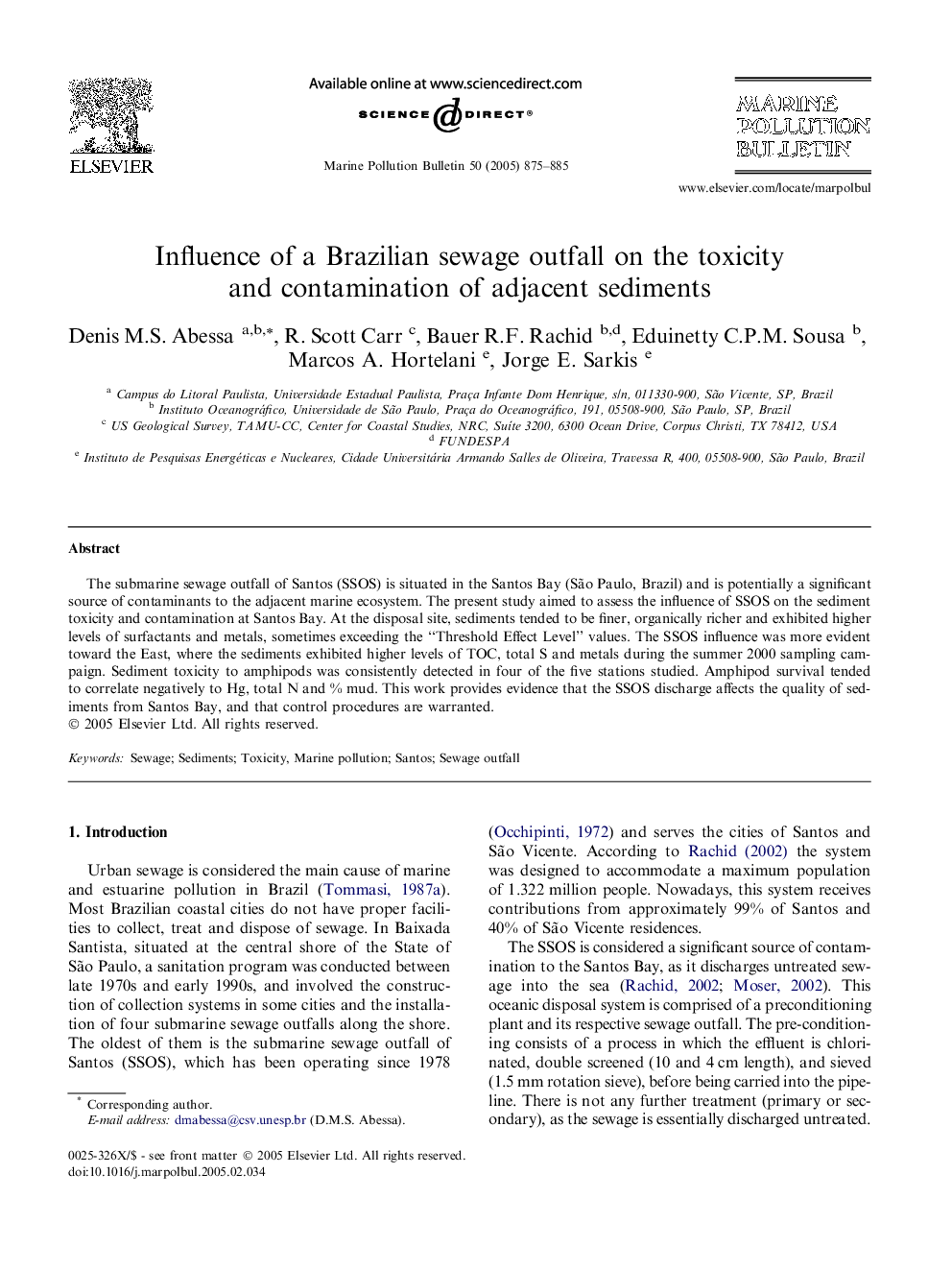 Influence of a Brazilian sewage outfall on the toxicity and contamination of adjacent sediments