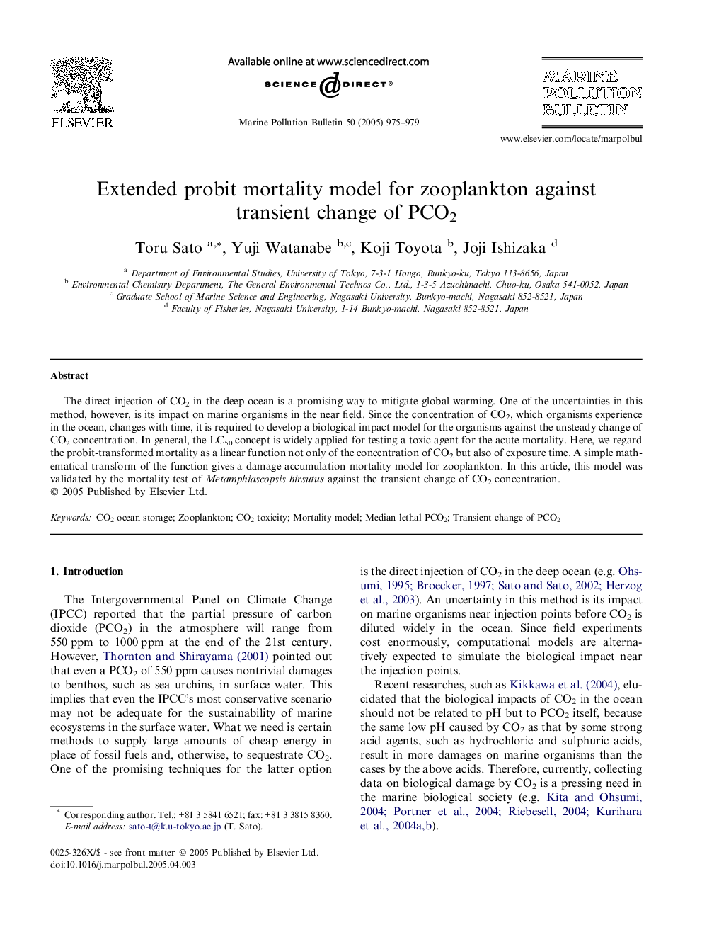 Extended probit mortality model for zooplankton against transient change of PCO2