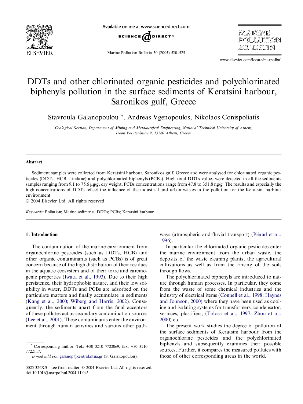 DDTs and other chlorinated organic pesticides and polychlorinated biphenyls pollution in the surface sediments of Keratsini harbour, Saronikos gulf, Greece