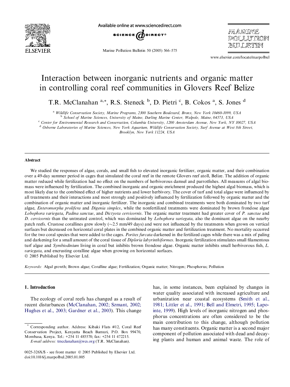 Interaction between inorganic nutrients and organic matter in controlling coral reef communities in Glovers Reef Belize