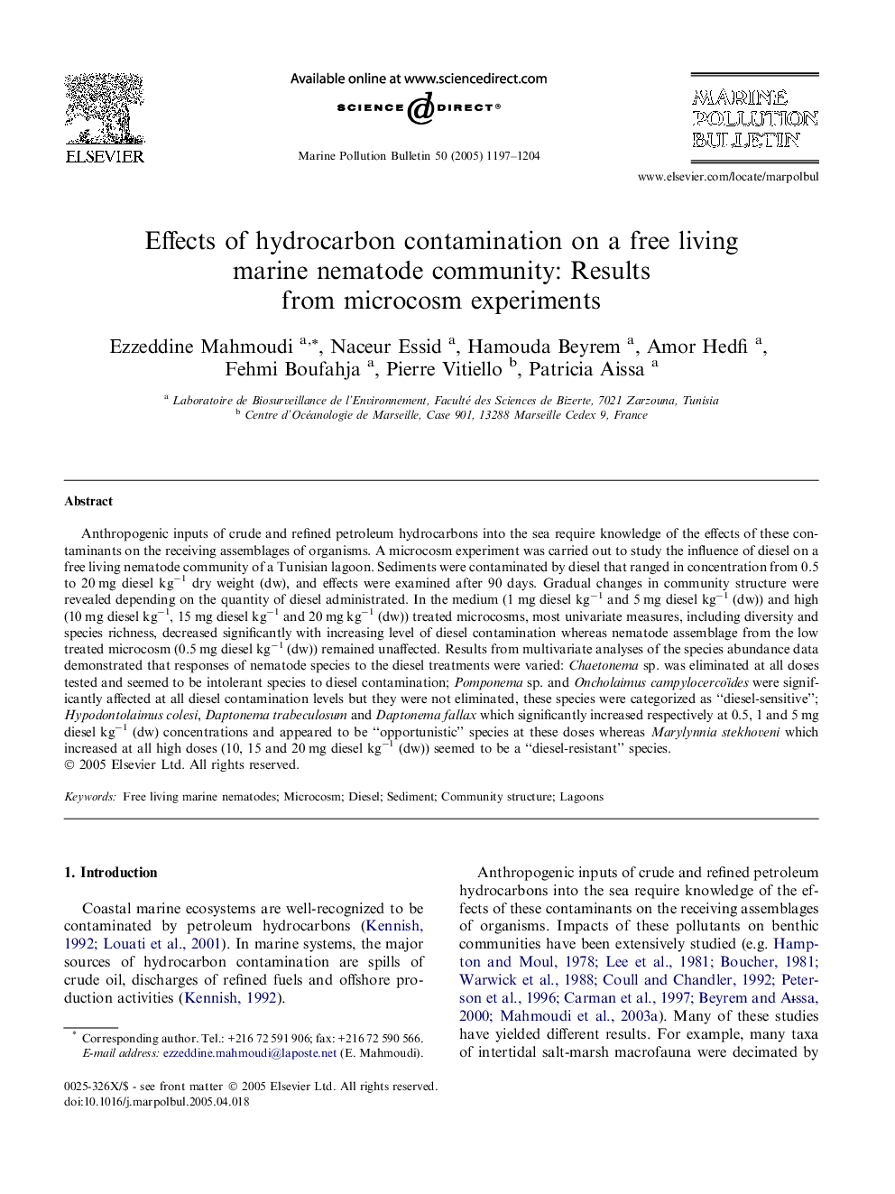 Effects of hydrocarbon contamination on a free living marine nematode community: Results from microcosm experiments