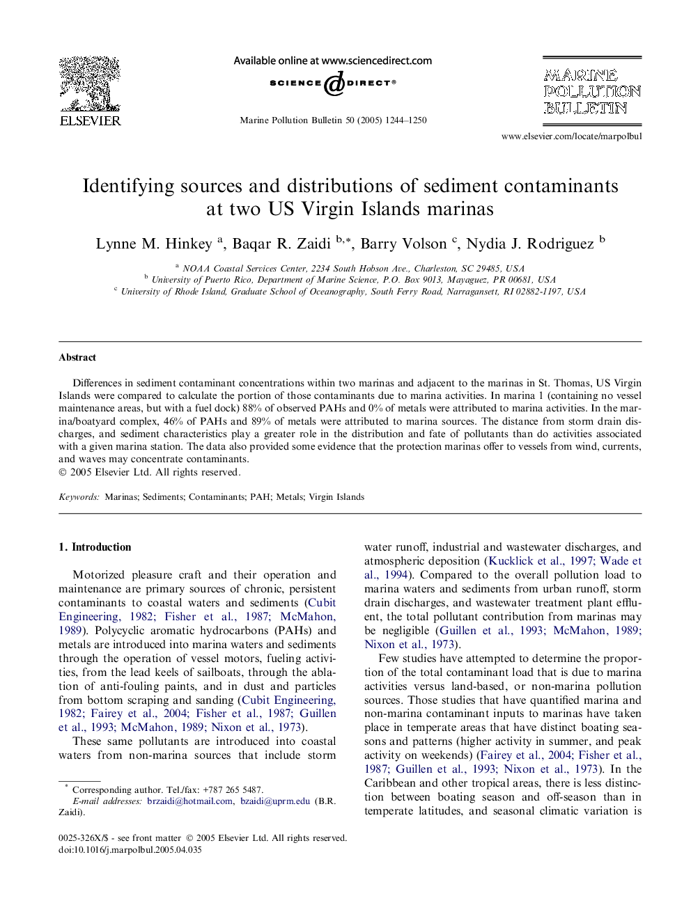 Identifying sources and distributions of sediment contaminants at two US Virgin Islands marinas