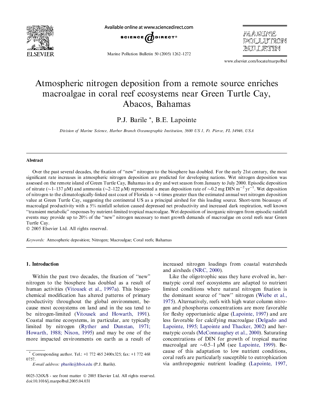 Atmospheric nitrogen deposition from a remote source enriches macroalgae in coral reef ecosystems near Green Turtle Cay, Abacos, Bahamas