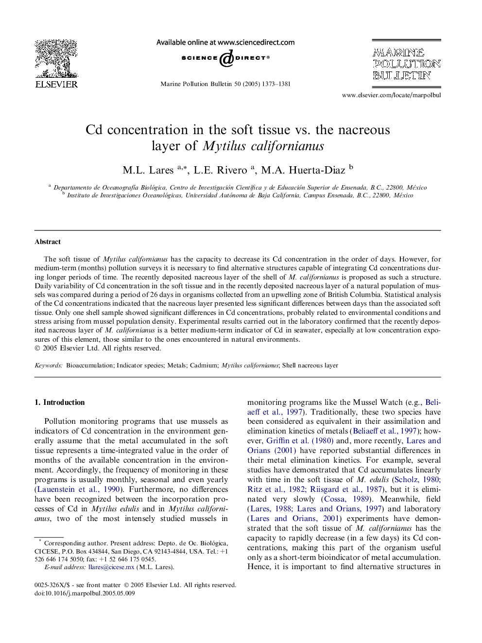 Cd concentration in the soft tissue vs. the nacreous layer of Mytilus californianus