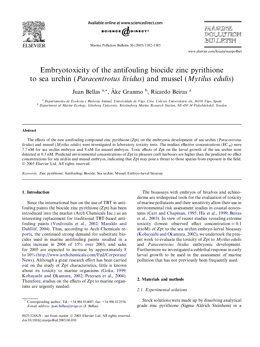 Embryotoxicity of the antifouling biocide zinc pyrithione to sea urchin (Paracentrotus lividus) and mussel (Mytilus edulis)