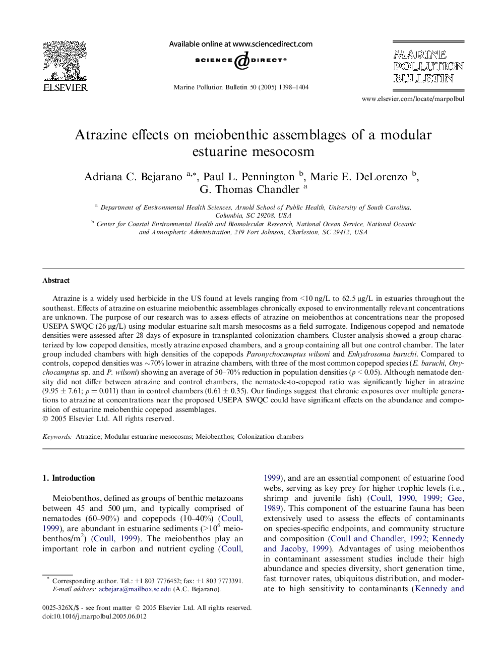 Atrazine effects on meiobenthic assemblages of a modular estuarine mesocosm