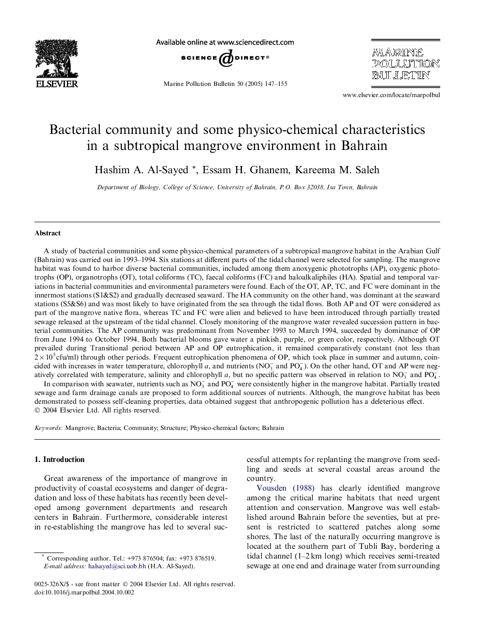 Bacterial community and some physico-chemical characteristics in a subtropical mangrove environment in Bahrain