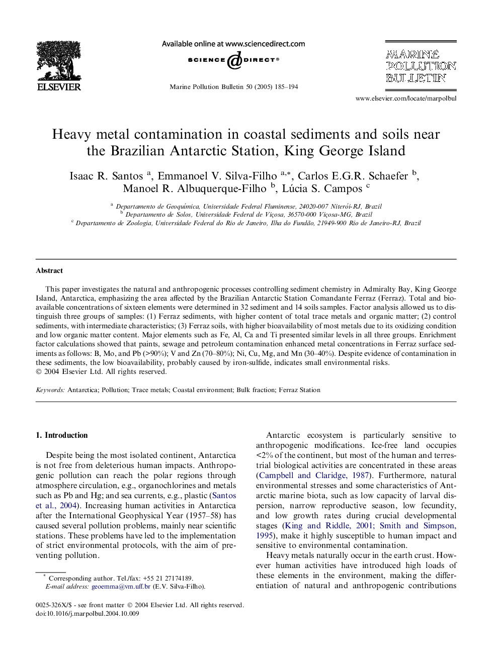 Heavy metal contamination in coastal sediments and soils near the Brazilian Antarctic Station, King George Island