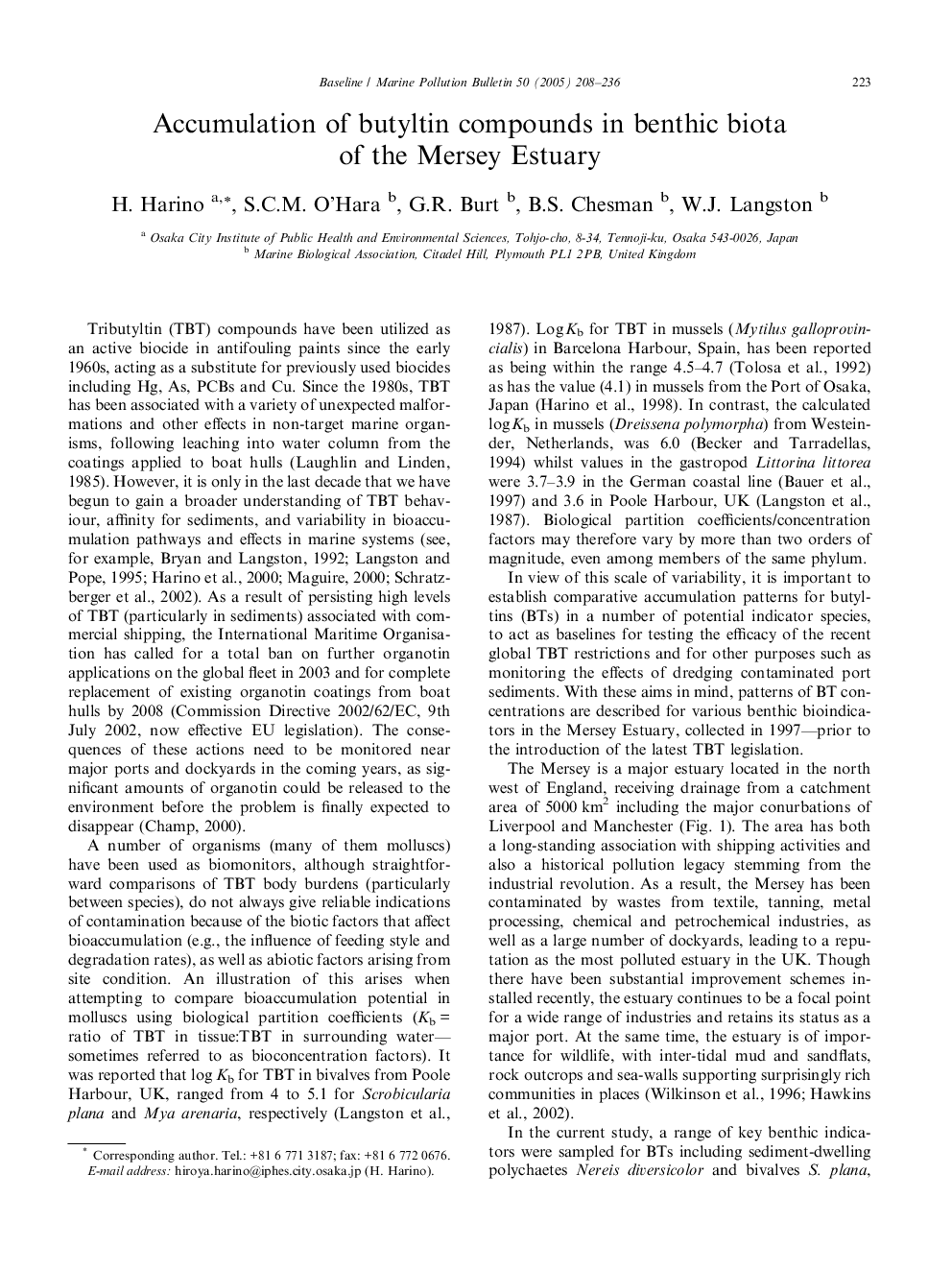 Accumulation of butyltin compounds in benthic biota of the Mersey Estuary