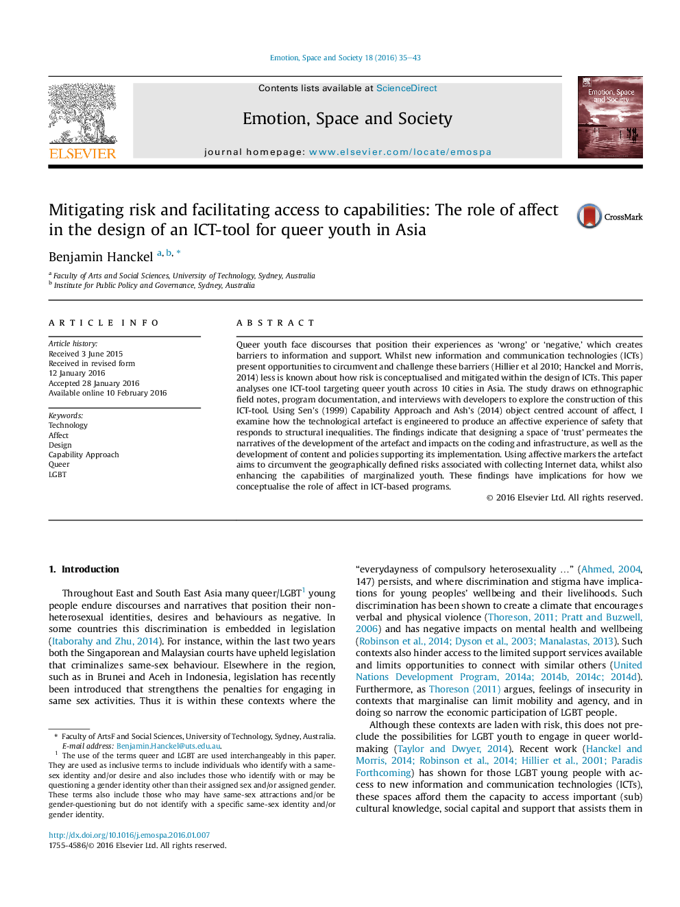 Mitigating risk and facilitating access to capabilities: The role of affect in the design of an ICT-tool for queer youth in Asia