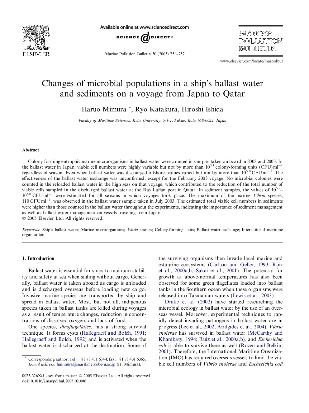 Changes of microbial populations in a ship's ballast water and sediments on a voyage from Japan to Qatar