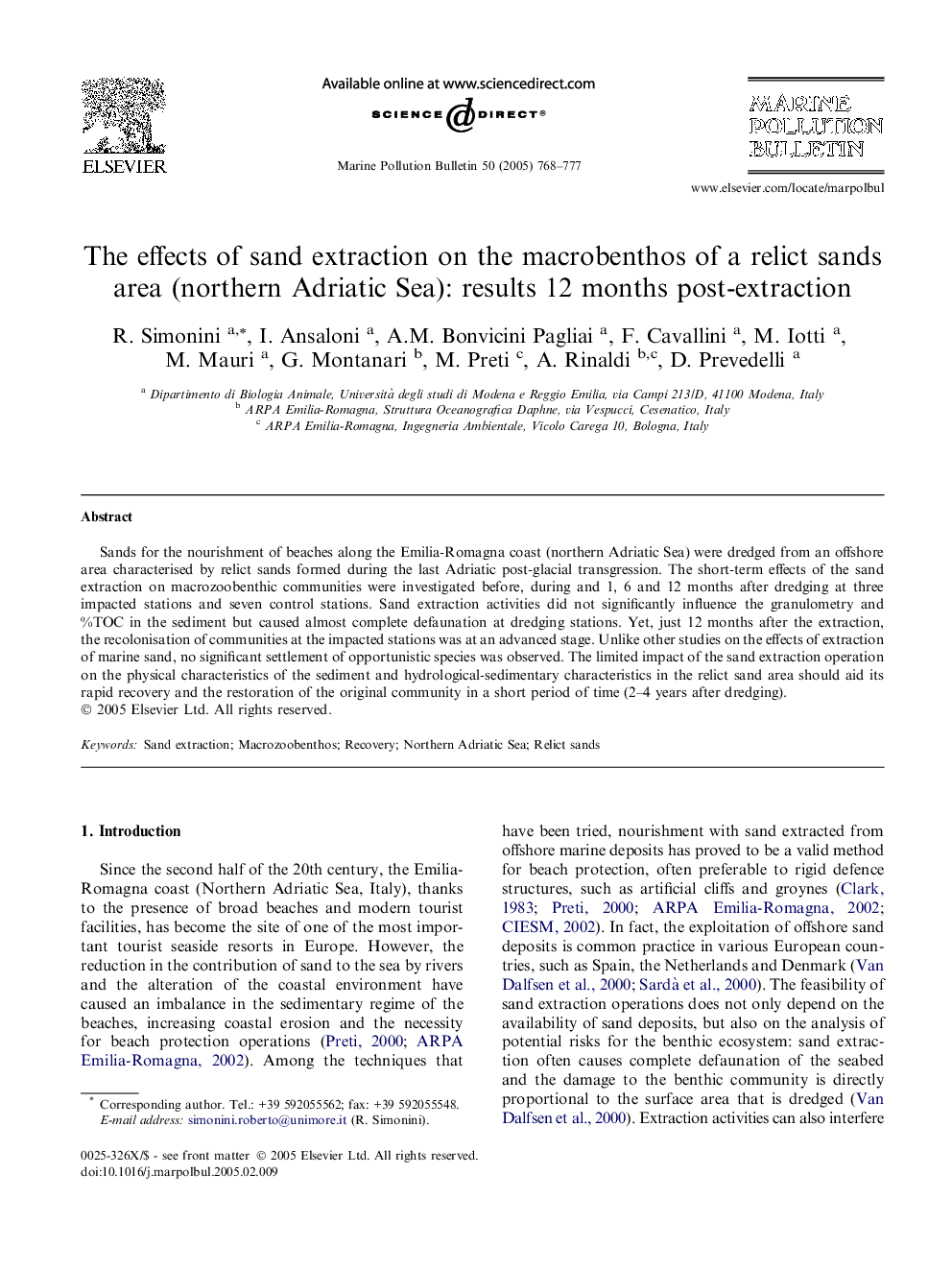 The effects of sand extraction on the macrobenthos of a relict sands area (northern Adriatic Sea): results 12 months post-extraction