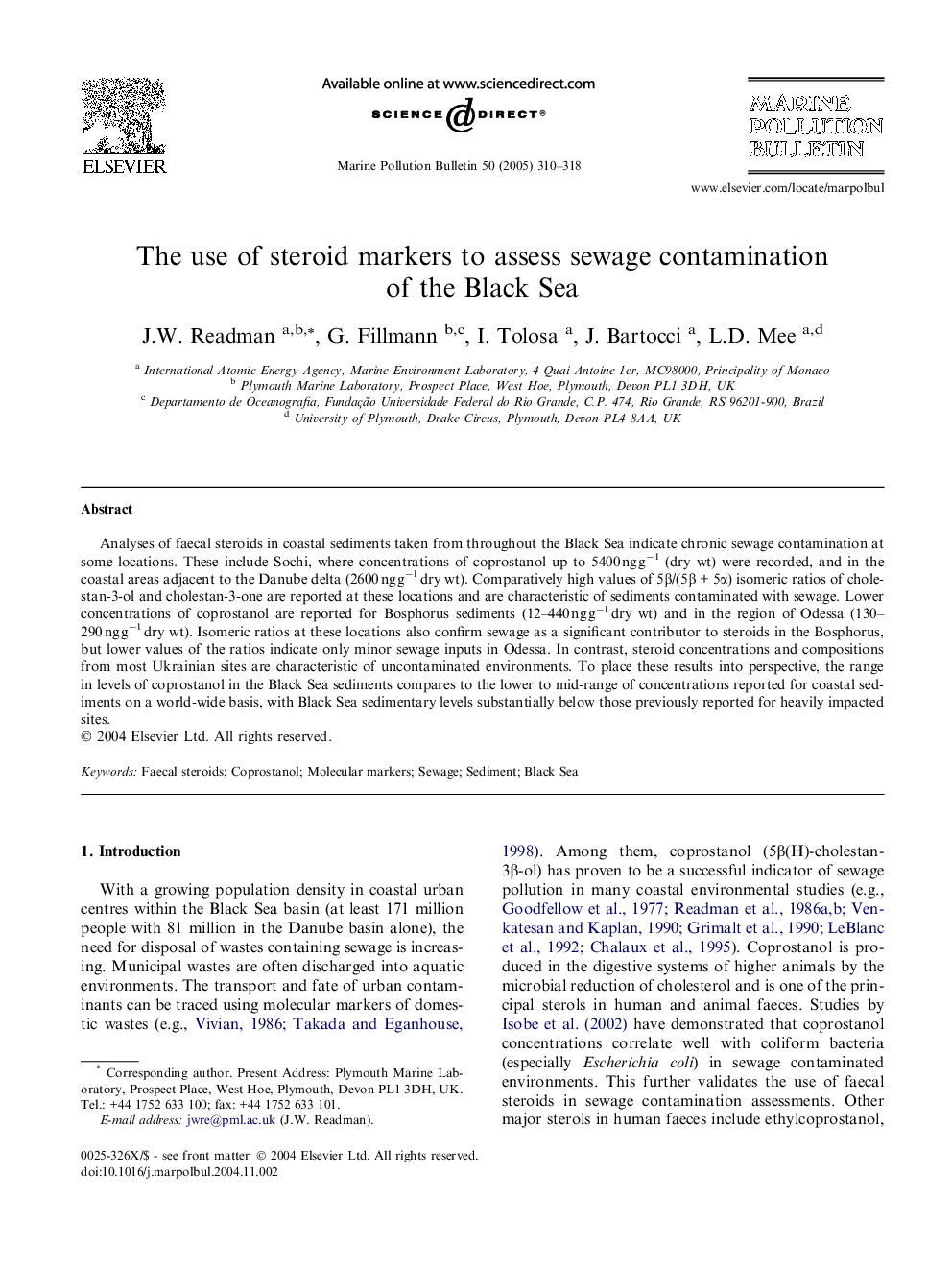 The use of steroid markers to assess sewage contamination of the Black Sea