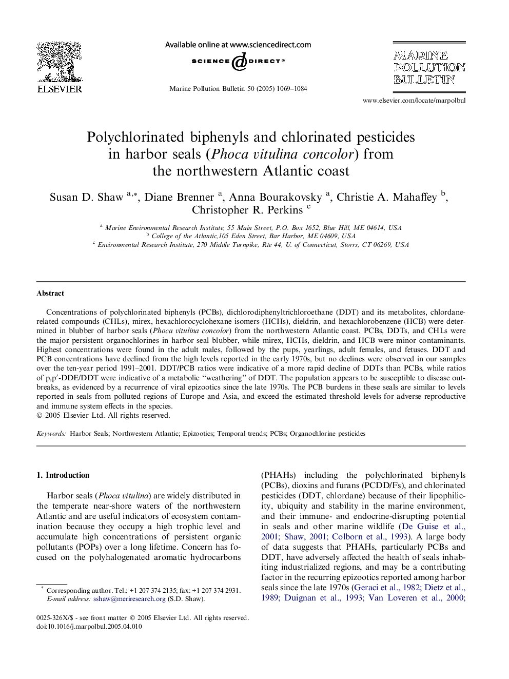 Polychlorinated biphenyls and chlorinated pesticides in harbor seals (Phoca vitulina concolor) from the northwestern Atlantic coast