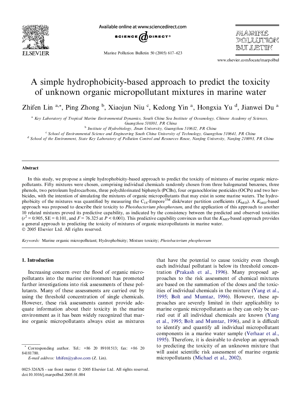 A simple hydrophobicity-based approach to predict the toxicity of unknown organic micropollutant mixtures in marine water