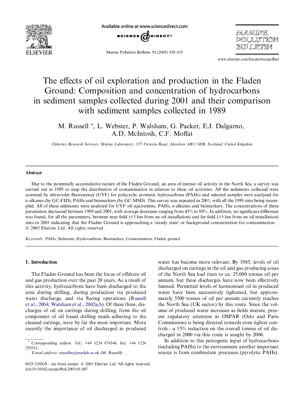 The effects of oil exploration and production in the Fladen Ground: Composition and concentration of hydrocarbons in sediment samples collected during 2001 and their comparison with sediment samples collected in 1989