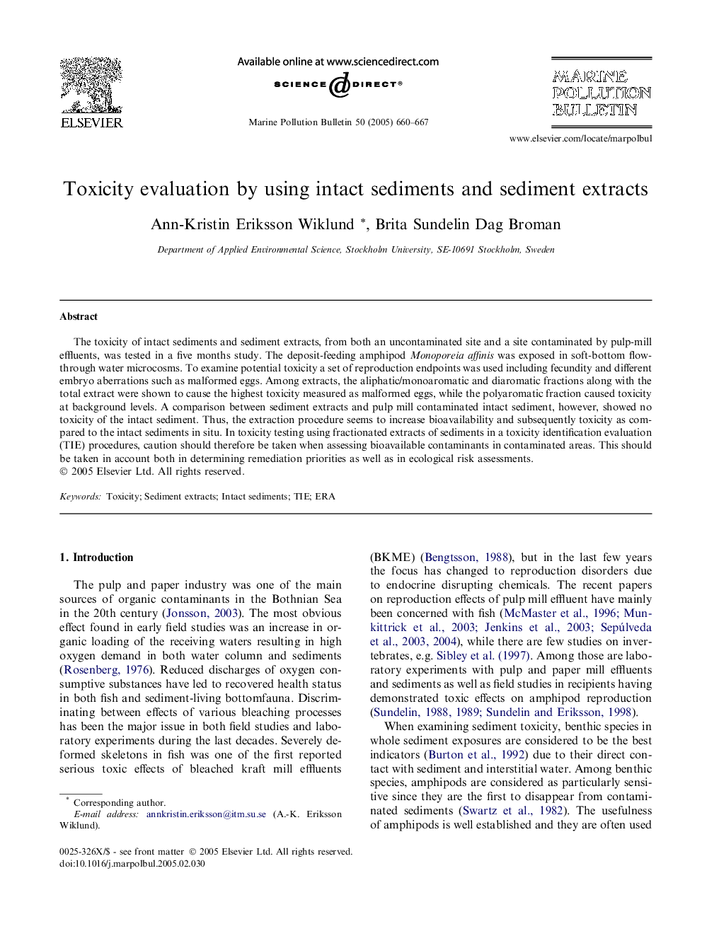 Toxicity evaluation by using intact sediments and sediment extracts