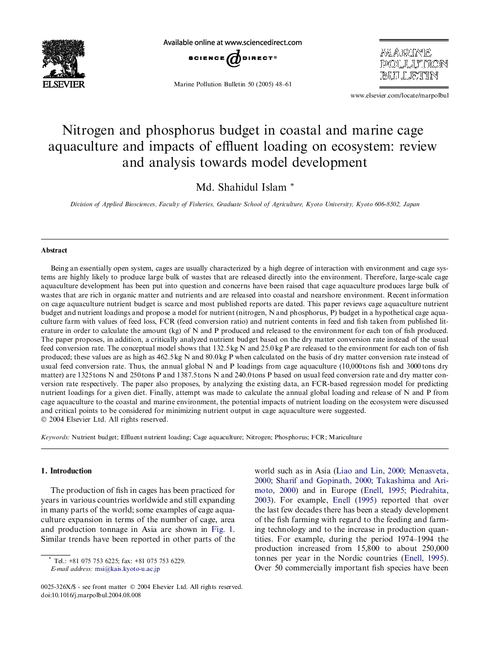 Nitrogen and phosphorus budget in coastal and marine cage aquaculture and impacts of effluent loading on ecosystem: review and analysis towards model development