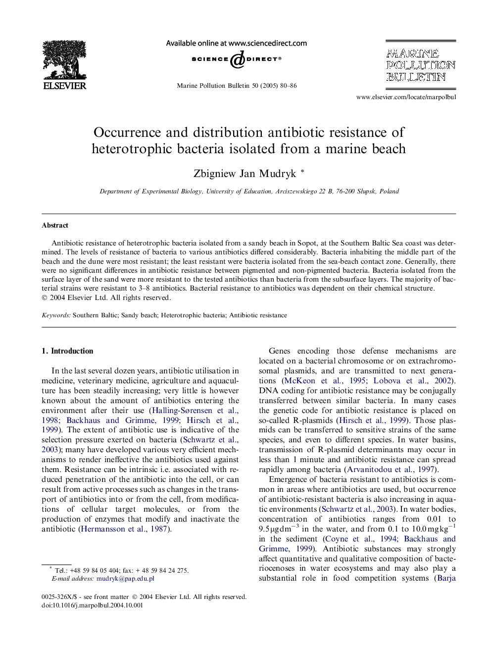 Occurrence and distribution antibiotic resistance of heterotrophic bacteria isolated from a marine beach