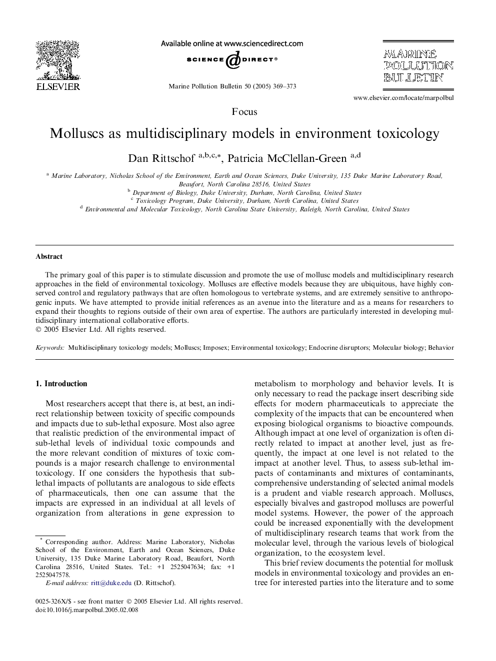 Molluscs as multidisciplinary models in environment toxicology