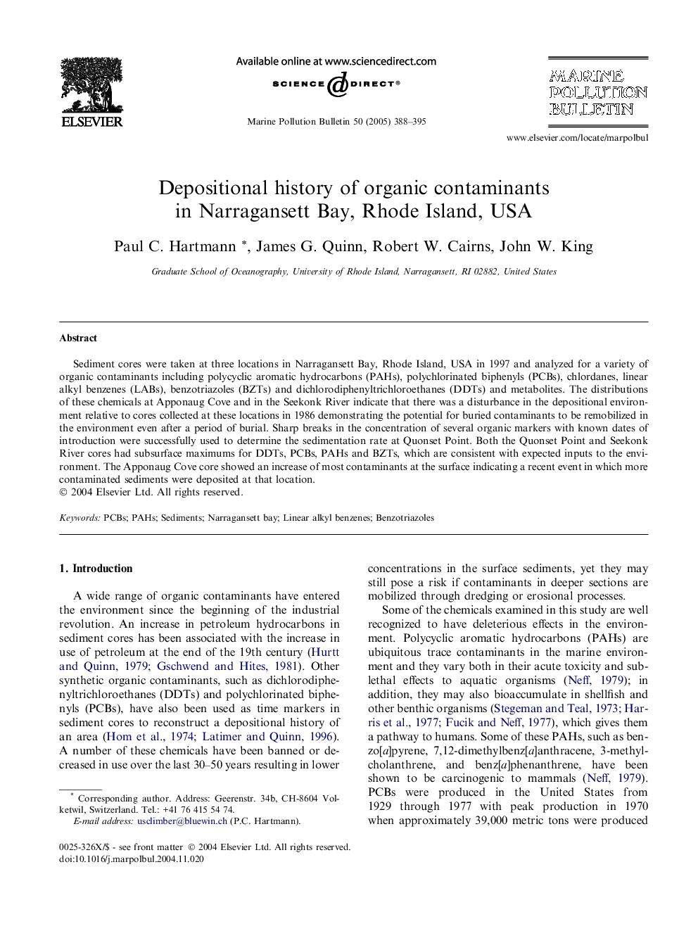 Depositional history of organic contaminants in Narragansett Bay, Rhode Island, USA