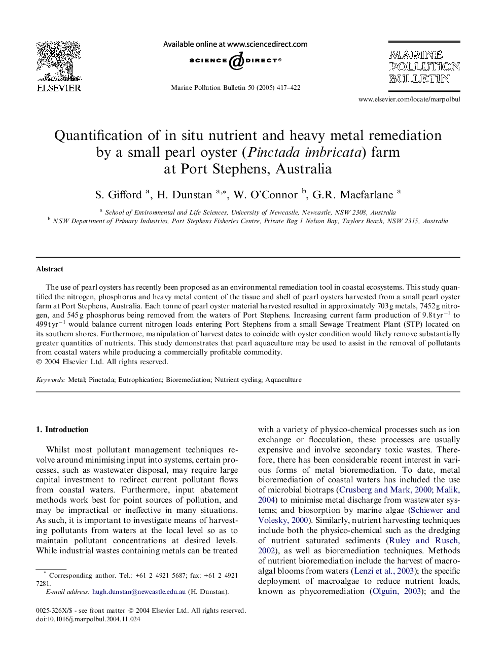 Quantification of in situ nutrient and heavy metal remediation by a small pearl oyster (Pinctada imbricata) farm at Port Stephens, Australia